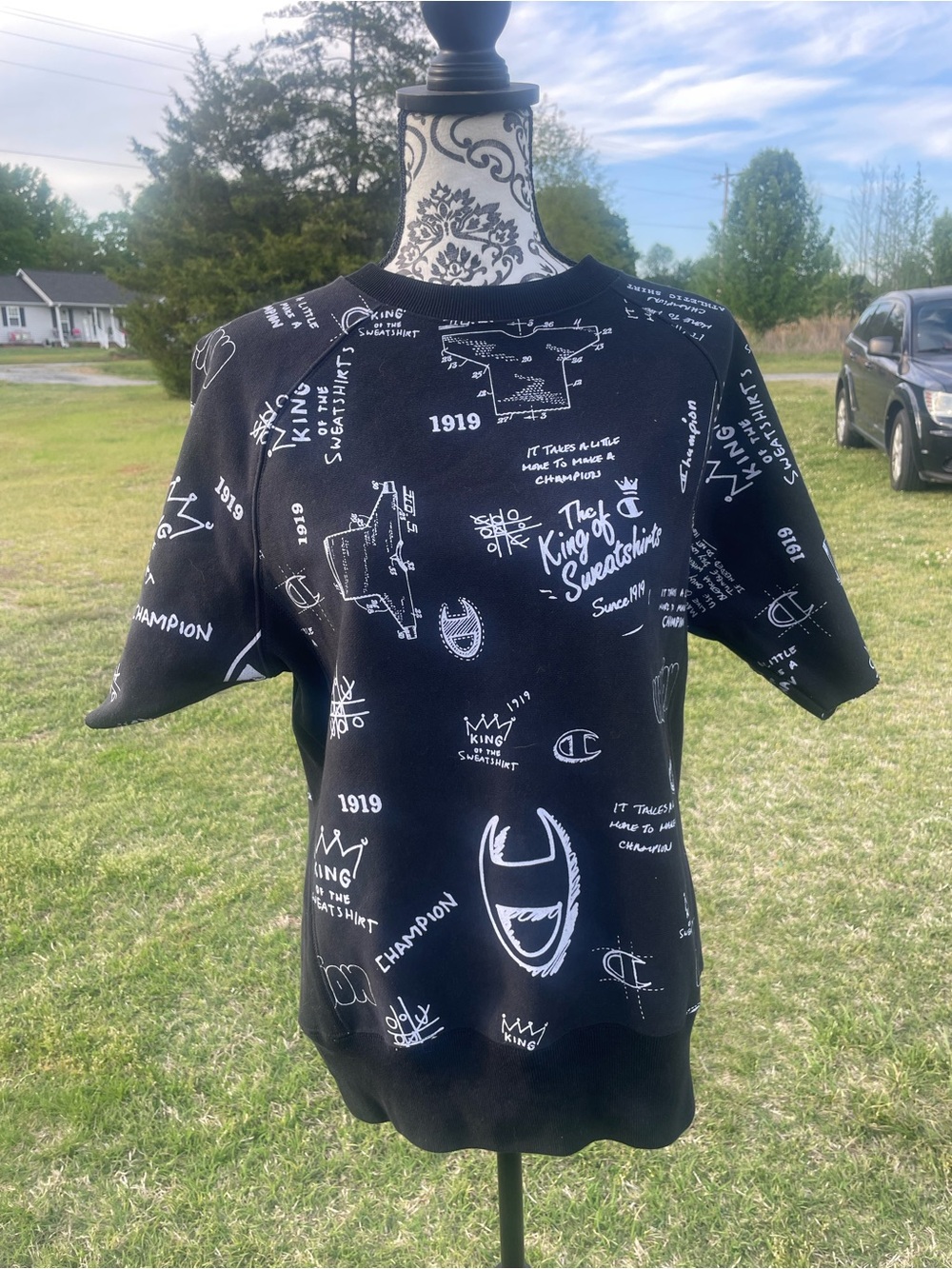 Champion Black Reverse Weave Crewneck with White Label Print